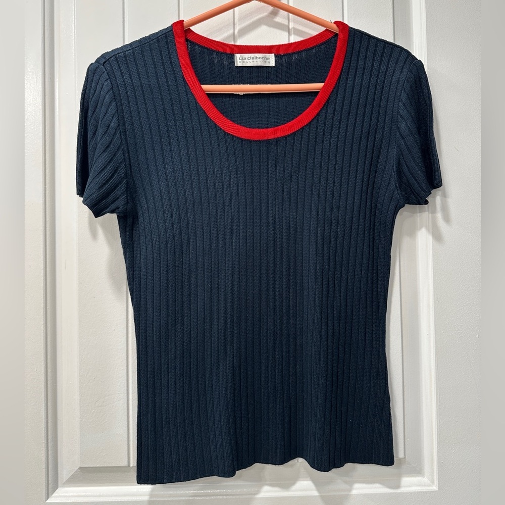 Liz Claiborne Ribbed Navy Sweater Short Sleeve Top